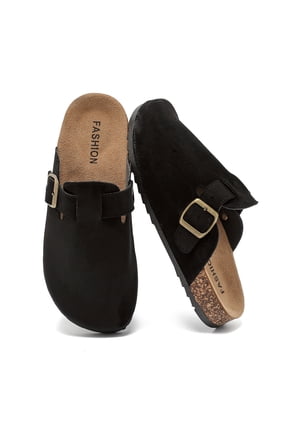 Suede Clogs for Women & Men Cork Footbed Leather Mules Potato Shoes|Non-slip Sole, Adjustable Metal Buckle, Slip-on Sandals Potato Shoes with Arch Support for Indoor and Outdoor,Black