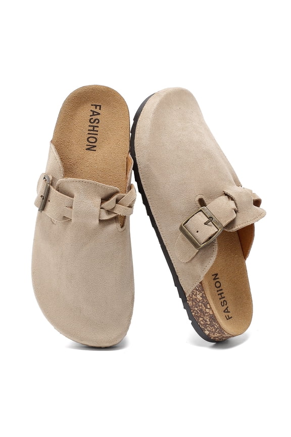 Women's Suede Clogs, Cork Footbed Leather Mules Slip-on Sandals with Arch Support, Non-Slip Adjustable Buckle Summer Shoes for Men & Women