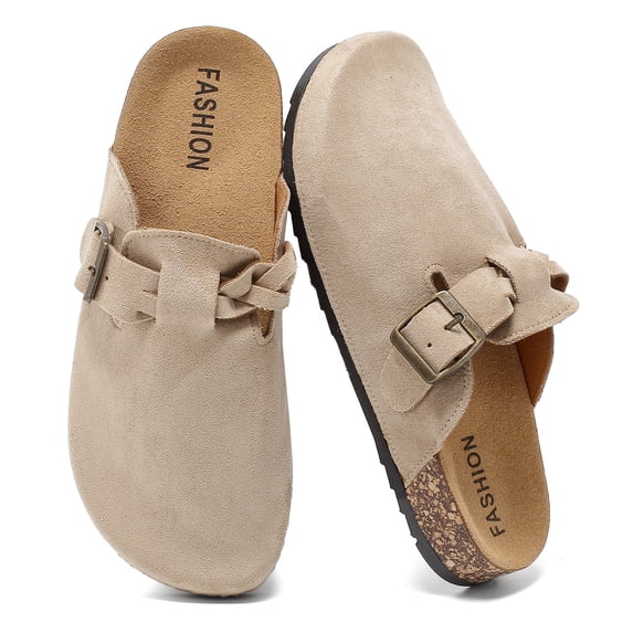 Lezzglt Women's Suede Clogs, Cork Footbed Leather Mules Slip-on Sandals with Arch Support, Non-Slip Adjustable Buckle Summer Shoes for Men & Women
