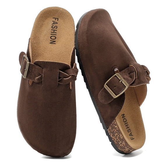 Lezzglt Women's Suede Clogs, Cork Footbed Leather Mules Slip-on Sandals with Arch Support, Non-Slip Adjustable Buckle Summer Shoes for Men & Women