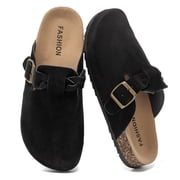 Lezzglt Womens Suede Clogs Mens Leather Mules Comfort Cork Footbed Sandals Slip-On Potato Shoes with Arch Support & Adjustable Buckle