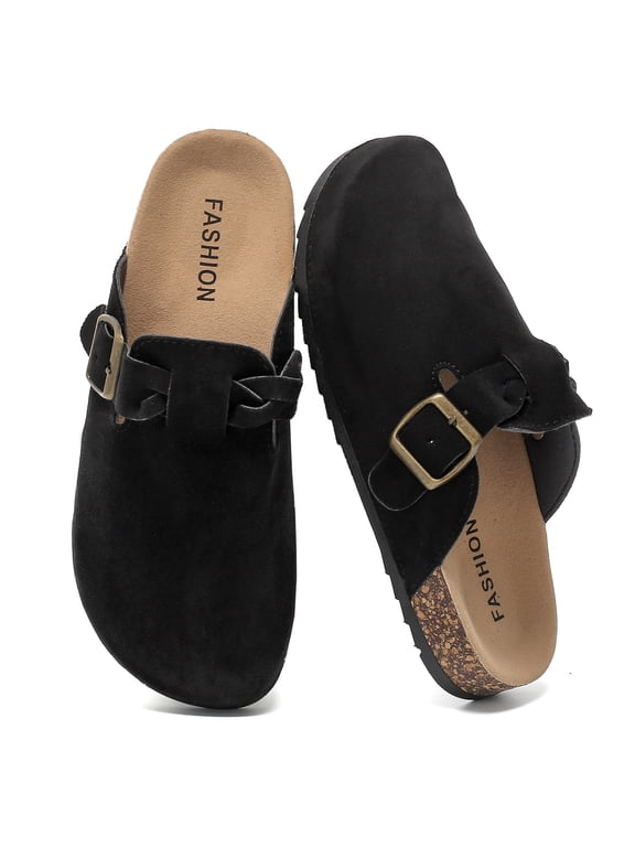 Women's Suede Clogs Mens Leather Mules Comfort Cork Footbed Sandals Slip-on Potato Shoes with Arch Support & Adjustable Buckle