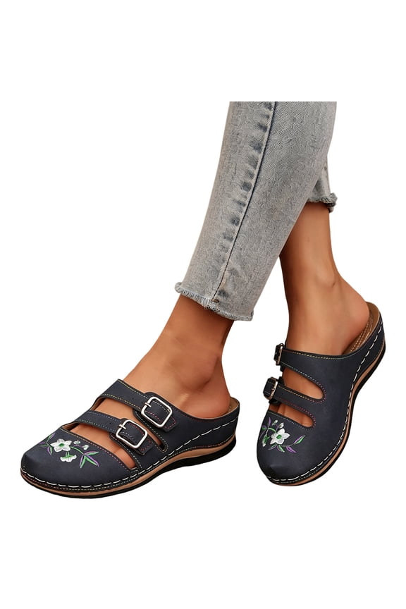 Women's Suede Clogs with Arch Support Floral Embroidery Slip On Wedge Platform Sandals Non Slip Close Toe Slides Blue Size 6.5