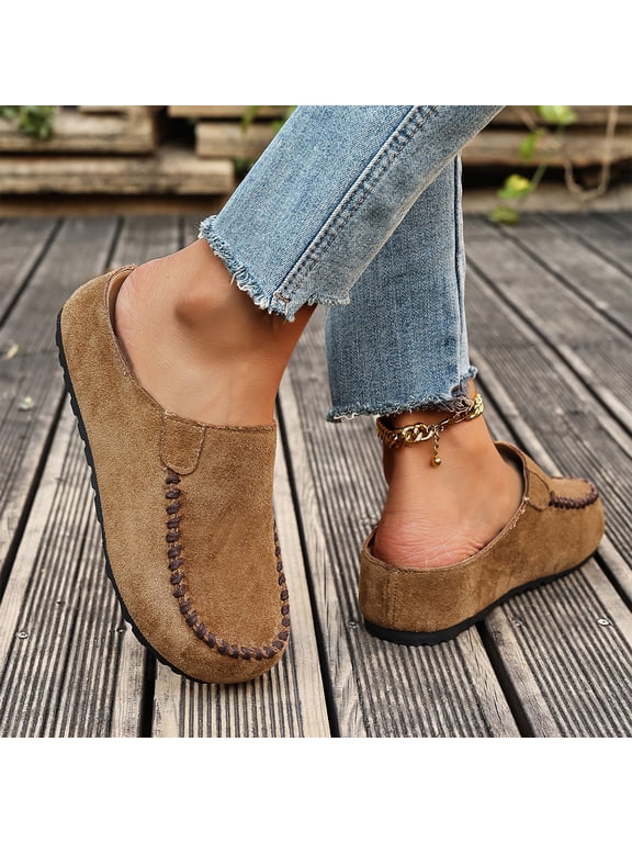 Women's Suede Clogs with Chunky Sole, Retro Slip On Clogs for Women, Closed Toe Slides for Indoor Outdoor Wear, Comfortable House Slippers
