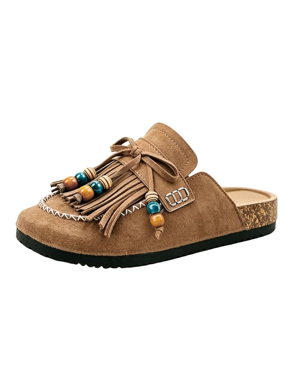 Women's Suede Close Toe Sandals Tassel Beaded Casual Platform Mules Comfortable Soft Sole Non Slip Clogs Brown Size 7