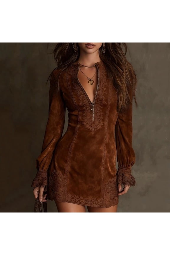 Women's Suede Dress V-Neck Zipper Lace Long Sleeve Solid Color Vintage Dress for Winter Retro Style and Evening Events,Brown,2XL