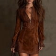 thumbnail image 1 of Women's Suede Dress V-Neck Zipper Lace Long Sleeve Solid Color Vintage Dress for Winter Retro Style and Evening Events,Brown,L, 1 of 5