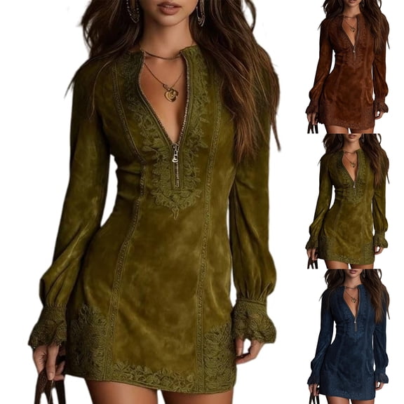 Women's Suede Dress V-Neck Zipper Lace Long Sleeve Solid Color Vintage Dress for Winter Vintage Style and Casual Wear,Dark Blue,XL