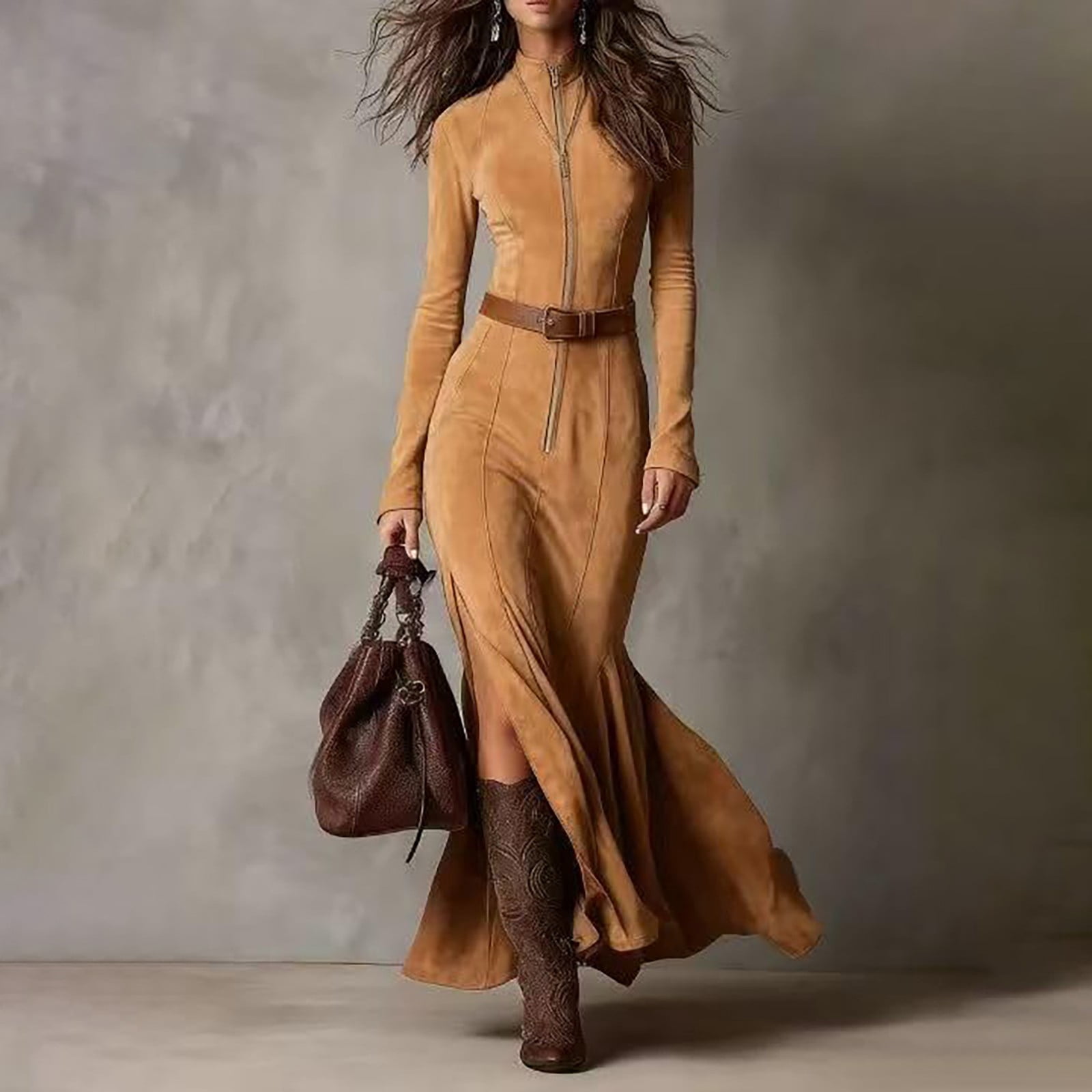 long sleeve brown suede dress Womens Brown Boho Fringe Maxi Dress Western V-Neck Long Sleeve Dress