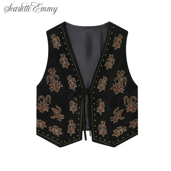 Women’s Suede Embroidered Vest, Vintage Western Boho Waistcoat with Floral Stitching, Soft Lined Open Front Tie, Retro Fall Winter Layering Jacket, Affordable High-Value Casual Fashion Outfit