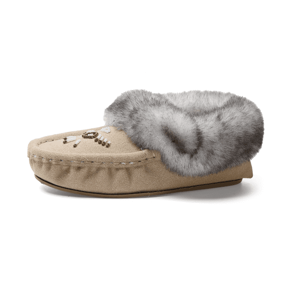 Women's Suede Faux-Fur Beaded Memory Foam Vegan Moccasin Slipper Shoes with Bird Design