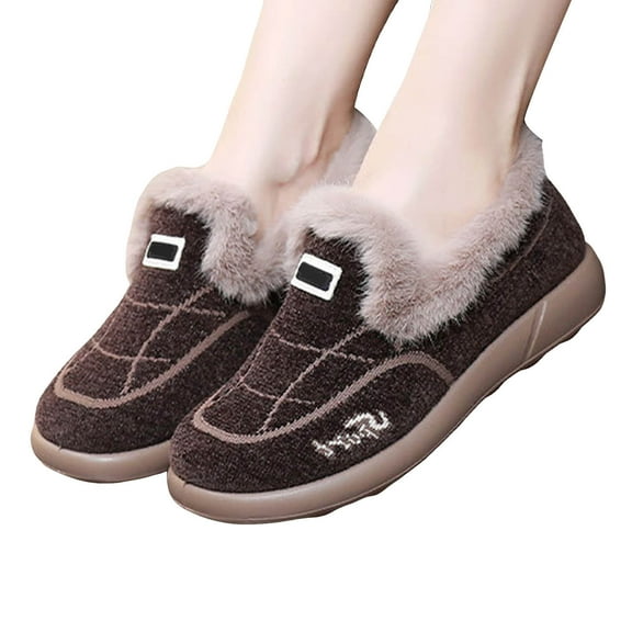 Women's Suede Fluffy Casual Shoes Winter Warm Fleece Lined Slip On Loafers Comfortable Non Slip Plush Short Boots Brown Size 8