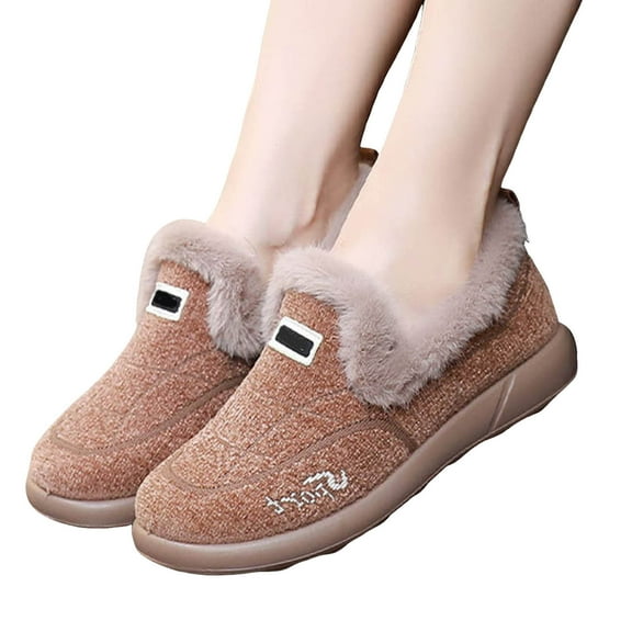 Women's Suede Fluffy Casual Shoes Winter Warm Fleece Lined Slip On Loafers Comfortable Non Slip Plush Short Boots Yellow Size 7