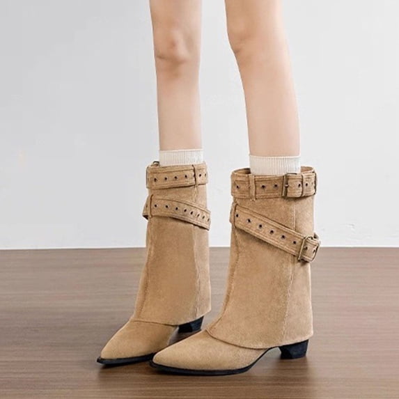 Women’s Suede Fold Over Knee High Boots Pointed Toe Block Heel Fashion Boots
