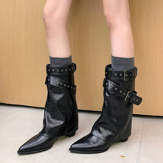 Women’s Suede Fold Over Knee High Boots Pointed Toe Block Heel Fashion Boots