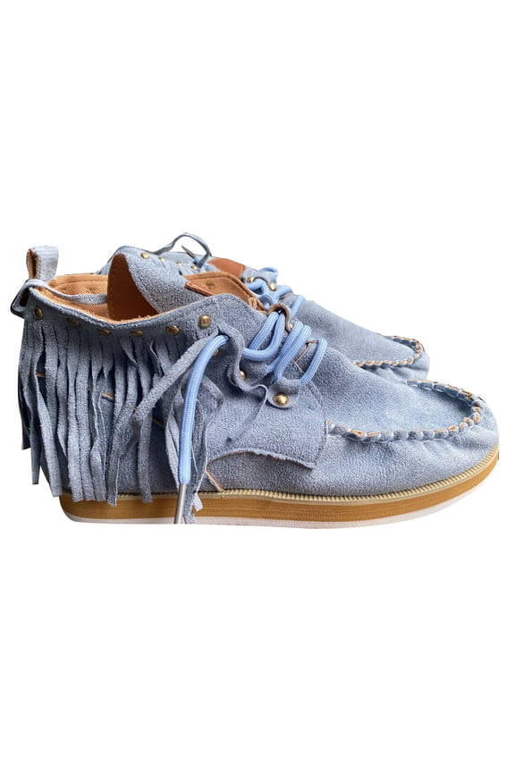 Women's Suede Fringe Ankle Boots Lace Up Low Top Shoes Comfortable Breathable Outdoor Walking Shoes Blue 40