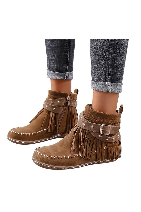 Women's Suede Fringe Ankle Boots Vintage Casual Round Toe Flats Tassel Boot Winter Warm Slip On Flats Western Short Boots with Zipper