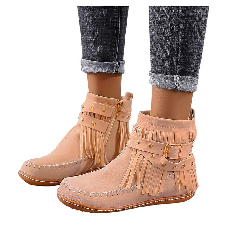 Women s Suede Fringe Ankle Boots Vintage Casual Round Toe Flats Tassel Boot Winter Warm Slip On Flats Western Short Boots with Zipper Walmart