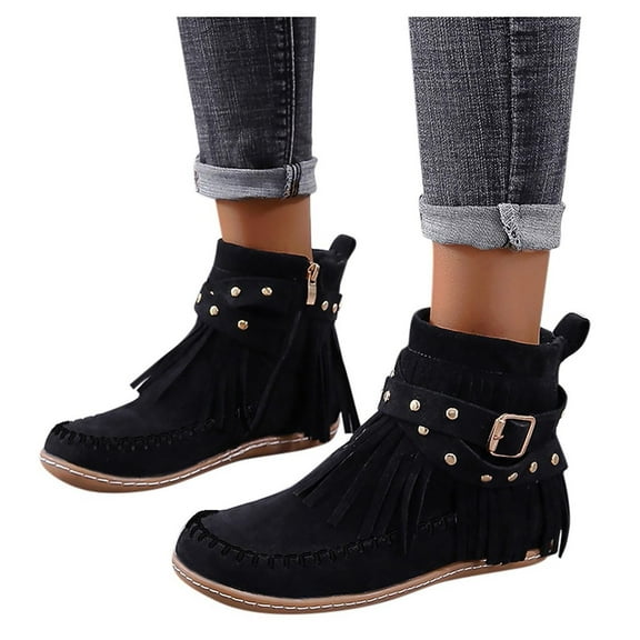 Women's Suede Fringe Ankle Boots Vintage Casual Round Toe Flats Tassel Boot Winter Warm Slip On Flats Western Short Boots with Zipper