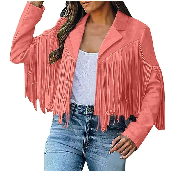 Women's Suede Fringe Jacket Long Sleeve Slim Faux Leather Cropped Jackets Tassles Moto Jacket