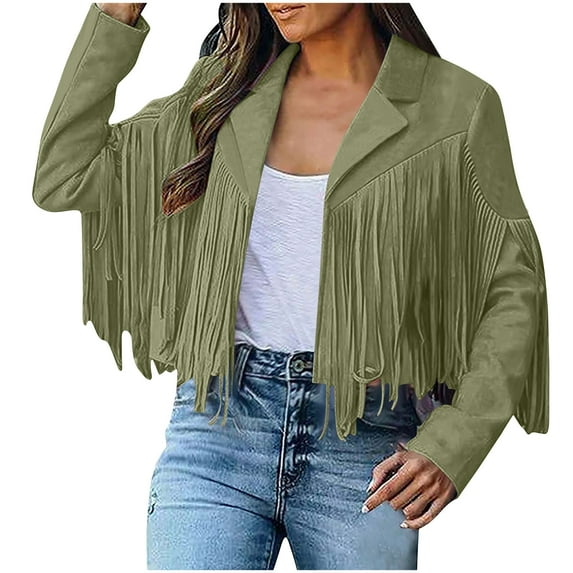Women's Suede Fringe Jacket Long Sleeve Slim Faux Leather Cropped Jackets Tassles Moto Jacket
