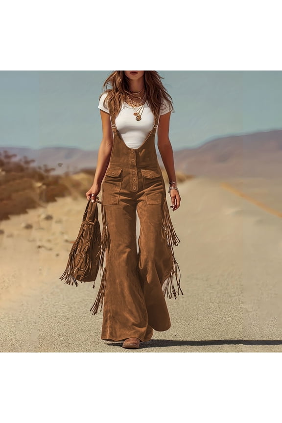 Women's Suede Fringe Overalls, Adjustable Straps Wide Leg Jumpsuit, Retro Western Style Romper with Side Tassels for Theme Party, Vacation and Casual Outfit Brown S