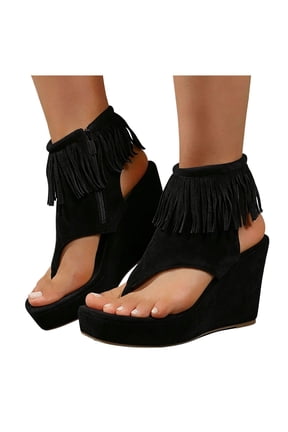 Women's Suede Fringe Platform Sandals Square Toe Wedge Flip Flop Breathable Ankle Boots with Side Zipper