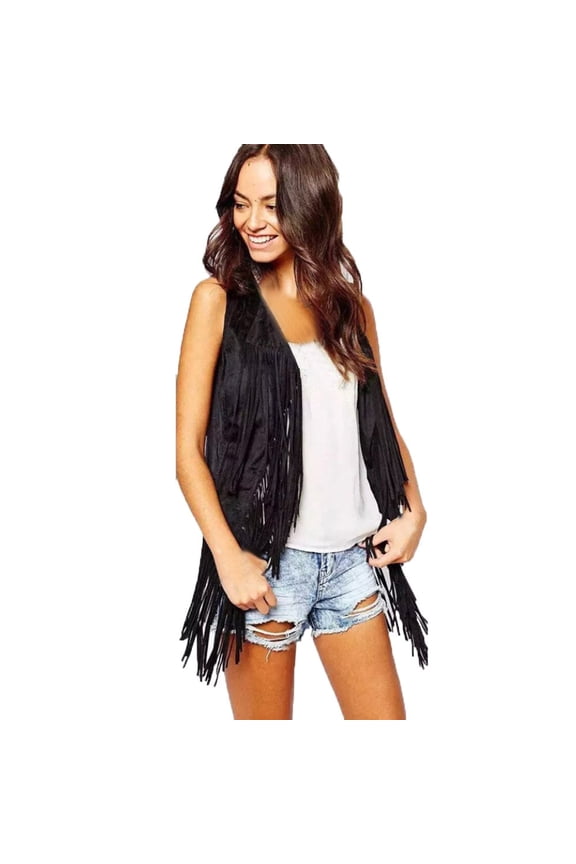 Women's Suede Fringe Vest, Open Front Sleeveless Duster Cardigan with Tassel Detail, Boho Style Layering Piece for Fall, Winter, and Casual Chic Outfits-Black