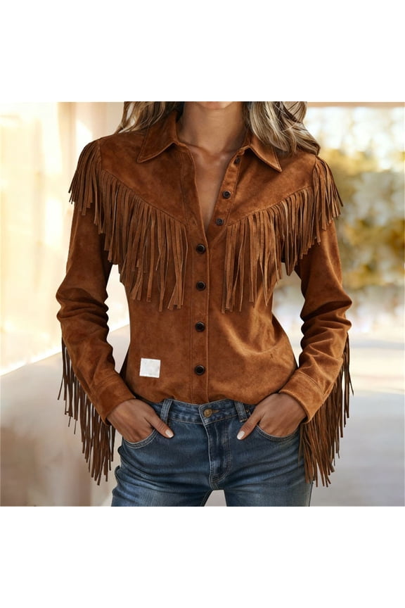 Women's Suede Fringe Western Shirt, Long Sleeve Button Down Blouse with Chest and Sleeve Fringe, Retro Cowgirl Top for Western Party, Rodeo & Daily Wear Brown XL