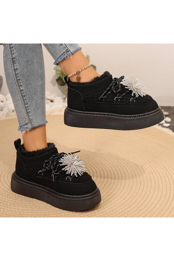Women's Suede Fur Lined Flat Loafers with Lace Up Beaded Winter Round Toe Platform Slip On Casual Shoes for Daily Work Walking