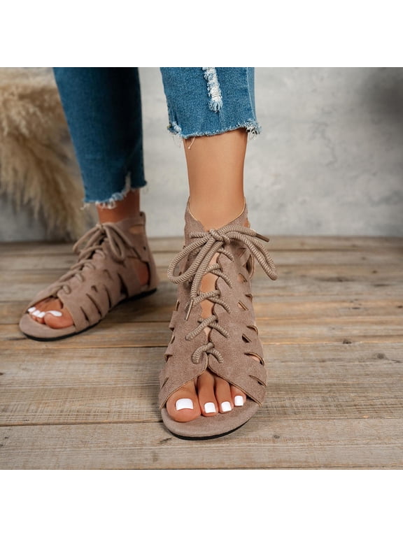 Women's Suede Gladiator Sandals Lace-Up Cutout Open Toe Flat Lightweight Casual Summer Shoes for All Day Comfort Khaki 9.5