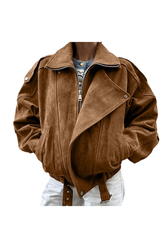 Women’s Suede Jacket Lapel Batwing Sleeve Zip Up Cropped Bomber Jacket Y2K Casual Streetwear