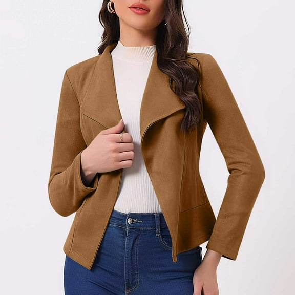 Women's Suede Jackets Slim Long Sleeve Lapel Cropped Coats Casual Open Front Jacket Fashion Fall Outwear