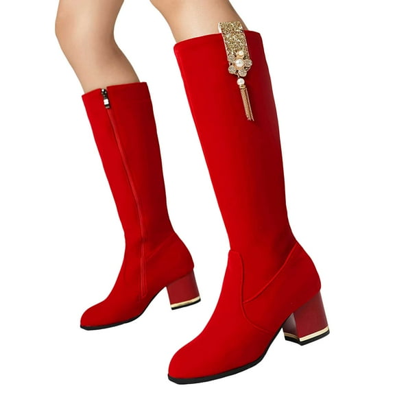 Women's Suede Knee High Boots Pointed Toe Stretchy Riding Booties Low Block Heel Tall Fall Boots with Rhinestone Tassel Red Size 6.5