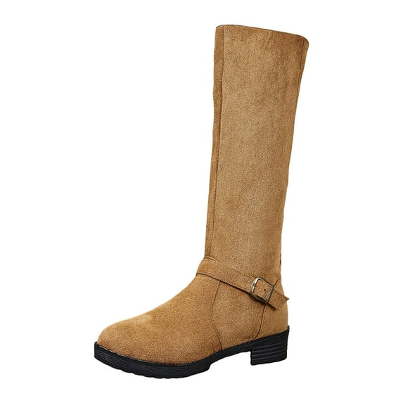 Women's Suede Knee High Riding Boots Vintage Wide Calf Slip On Combat Booties Casual Low Heel Fall Boots with Side Zipper Brown Size 8