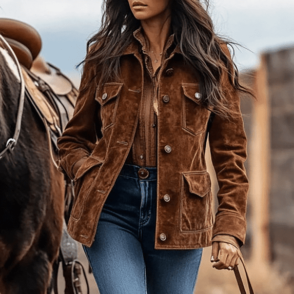 Women's Suede Lapel Collar Jacket, Multi-Pocket Casual Coat, Retro Style Outdoor Wear, Long Sleeve Button Front Design, Comfortable Leisure Jacket, Daily Use Coat Brown L