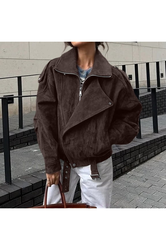 Women's Suede Lapel Motorcycle Jacket, Batwing Sleeve Short Style Coat, Ribbed Trim Belted Outerwear, Casual Zippered Jacket with Pockets, Spring Streetwear Fashion, Oversized Comfort Top Bronze M