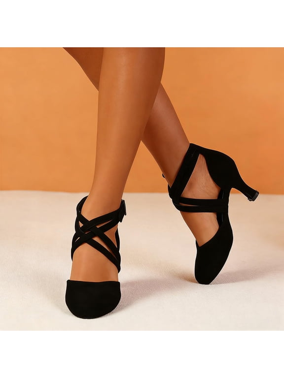 Women's Suede Latin Dance Shoes, Closed Toe with Crisscross Ankle Strap, Mid Heel Shoes Built for Comfort During Salsa, Tango Practice, Performances, and Social Dance Activities