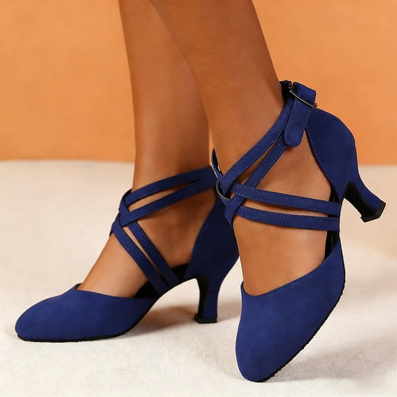 Women's Suede Latin Dance Shoes, Closed Toe with Crisscross Ankle Strap, Mid Heel Shoes Built for Comfort During Salsa, Tango Practice, Performances, and Social Dance Activities