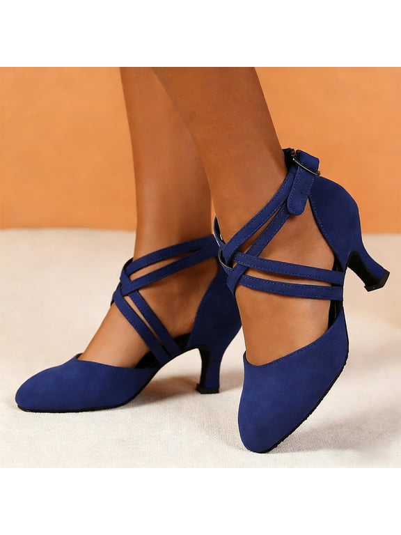 Women's Suede Latin Dance Shoes, Closed Toe with Crisscross Ankle Strap, Mid Heel Shoes Built for Comfort During Salsa, Tango Practice, Performances, and Social Dance Activities