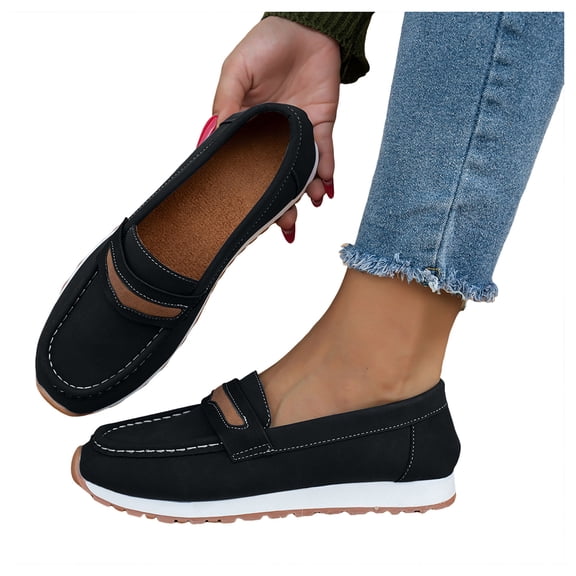 Women's Suede Leather Casual Penny Loafers Ladies Retro Classic Flats Dress Shoes Comfortable Slip On Fashion Boat Shoes Black Size 7.5