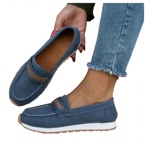 Women's Suede Leather Casual Penny Loafers Ladies Retro Classic Flats Dress Shoes Comfortable Slip On Fashion Boat Shoes Blue Size 7.5