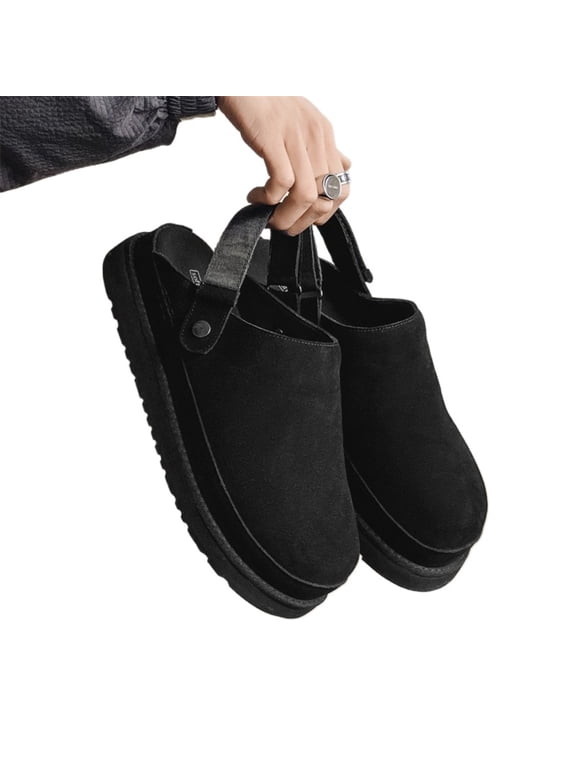 Women’s Suede Leather Closed-Toe Platform Mules with Adjustable Back Strap, Thick Sole Height-Boost Slip-On Clogs, Casual Outdoor Indoor Comfort Walking Loafer Mule Shoes