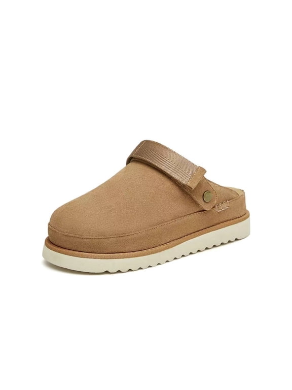 Women’s Suede Leather Closed-Toe Platform Mules with Adjustable Back Strap, Thick Sole Height-Boost Slip-On Clogs, Casual Outdoor Indoor Comfort Walking Loafer Mule Shoes
