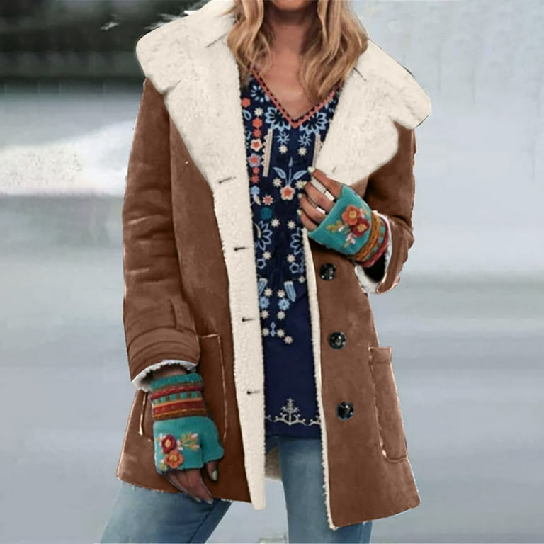 Women's Suede Leather Coat 2023 Vintage Notch Lapel Thicken Fleece Sherpa  Lined Jacket Winter Warm Solid Plush Loose Fit Outwear
