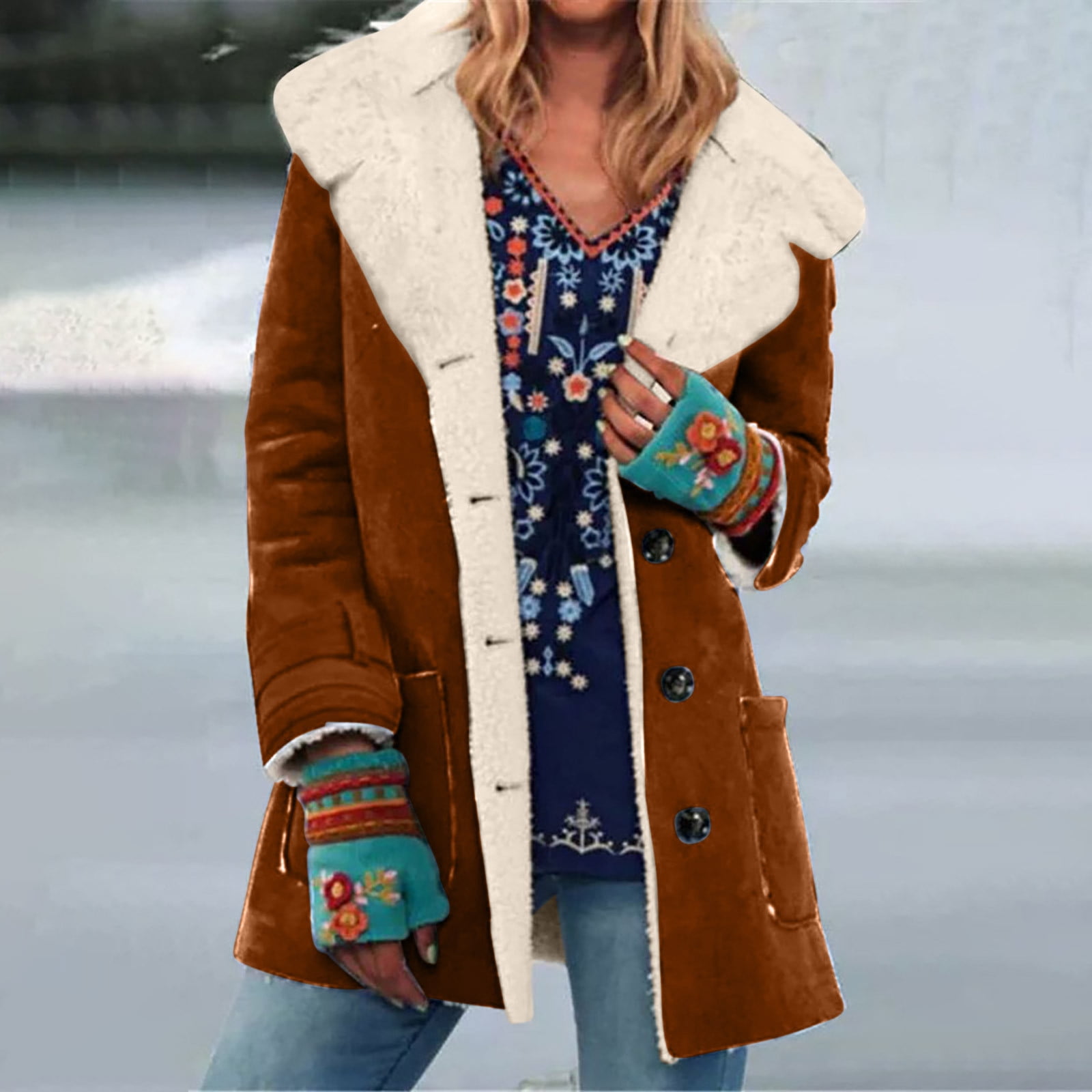 Women's Suede Leather Coat 2023 Vintage Notch Lapel Thicken Fleece Sherpa  Lined Jacket Winter Warm Solid Plush Loose Fit Outwear 
