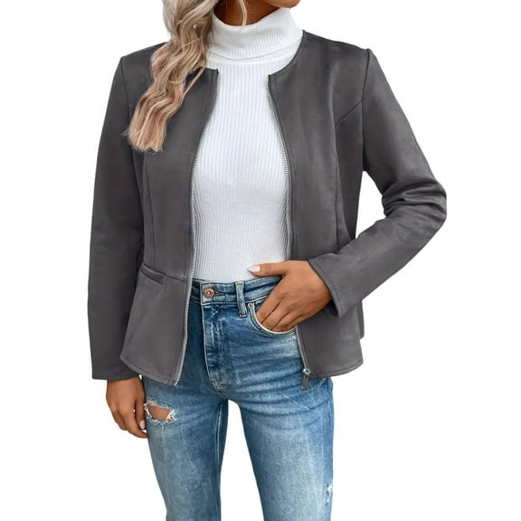 Women's Suede Leather Jacket 2024 Fall Winter Casual Business Coat Long Sleeve Outerwear Lightweight Stylish