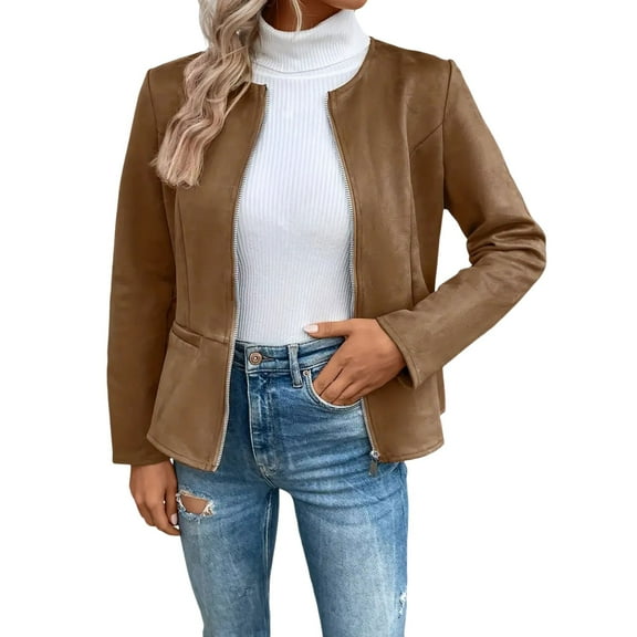 Women's Suede Leather Jacket 2024 Fall Winter Casual Business Long Sleeve Outerwear Coat with Stylish Design