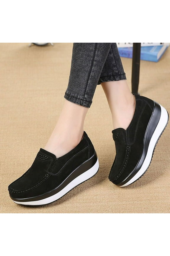 Women's Suede Leather Slip-on Shoes Wedge Moccasin Loafers Casual Walking Shoes Trainers Platform Sneaker