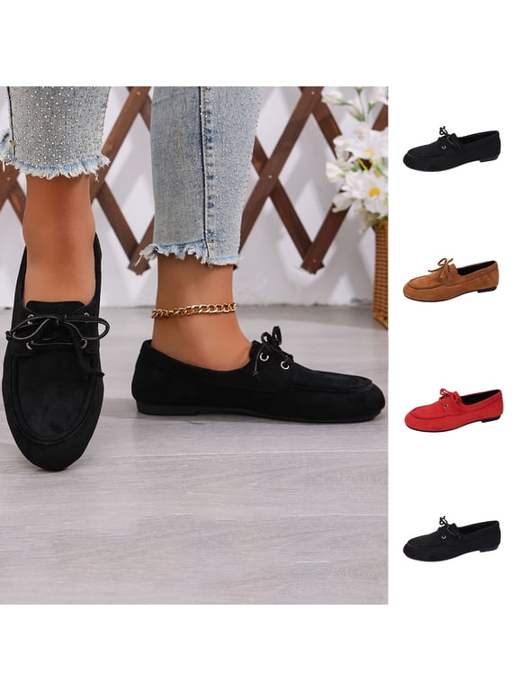 Women's Suede Loafers, Lace-Up Casual Flat Shoes, Comfortable Wide Width Non-Slip Dress Loafers for Daily Summer, Black/Brown/Red